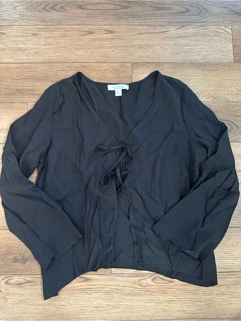 Tie-Front V-Neck Long-Sleeve Blouse - Black